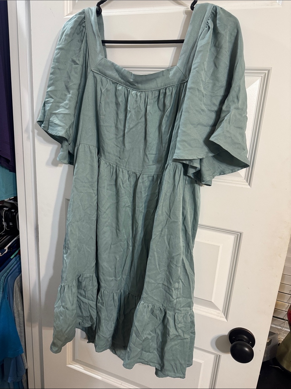 Sage Green Puff Sleeve Midi Dress, Square Neck